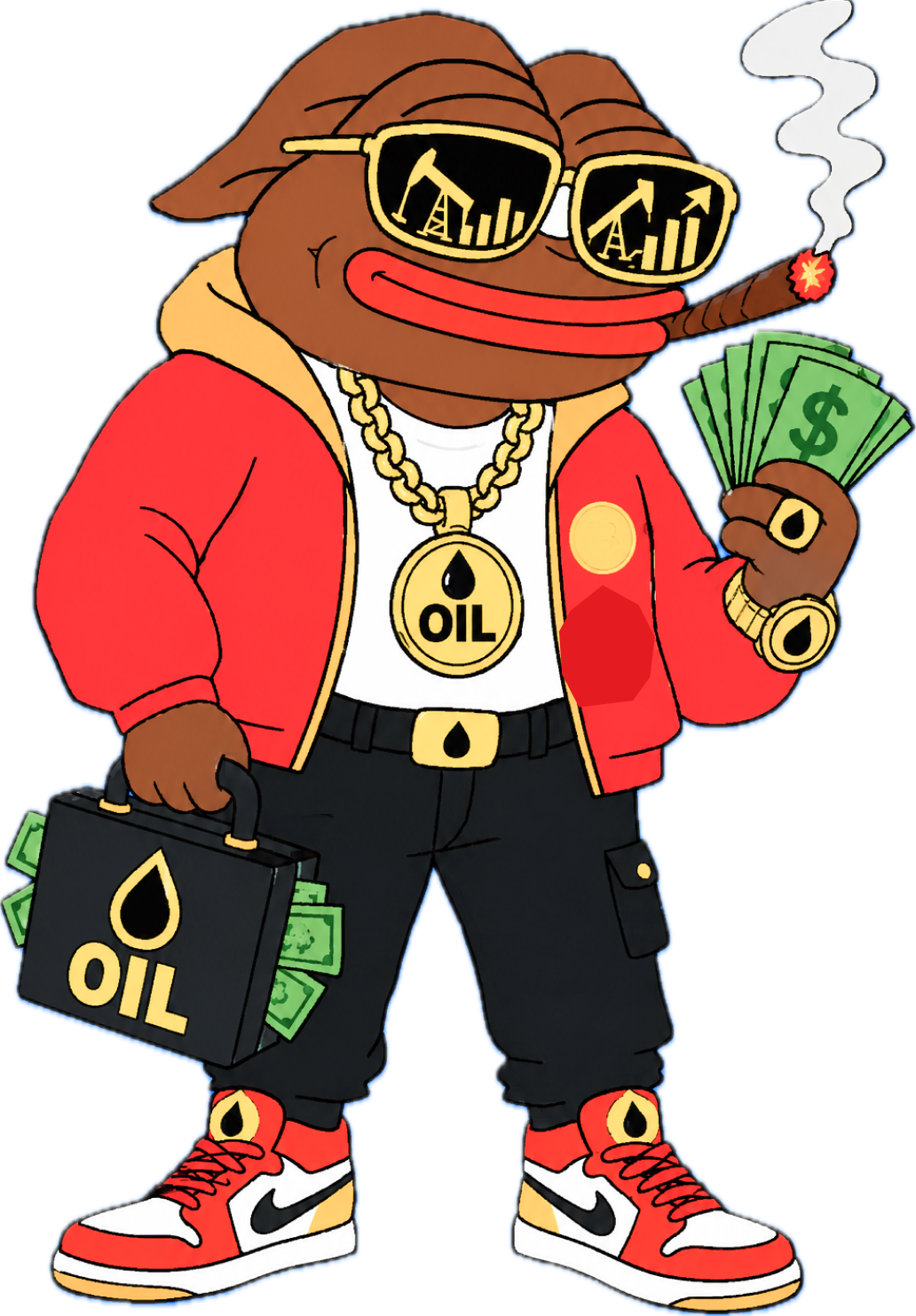 Oil Coin character holding cash